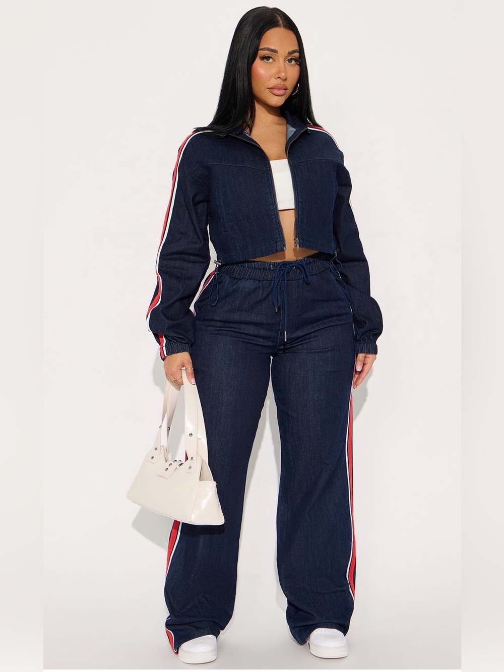 Denim Two-Piece Track Set - Navy with Red & White Stripes